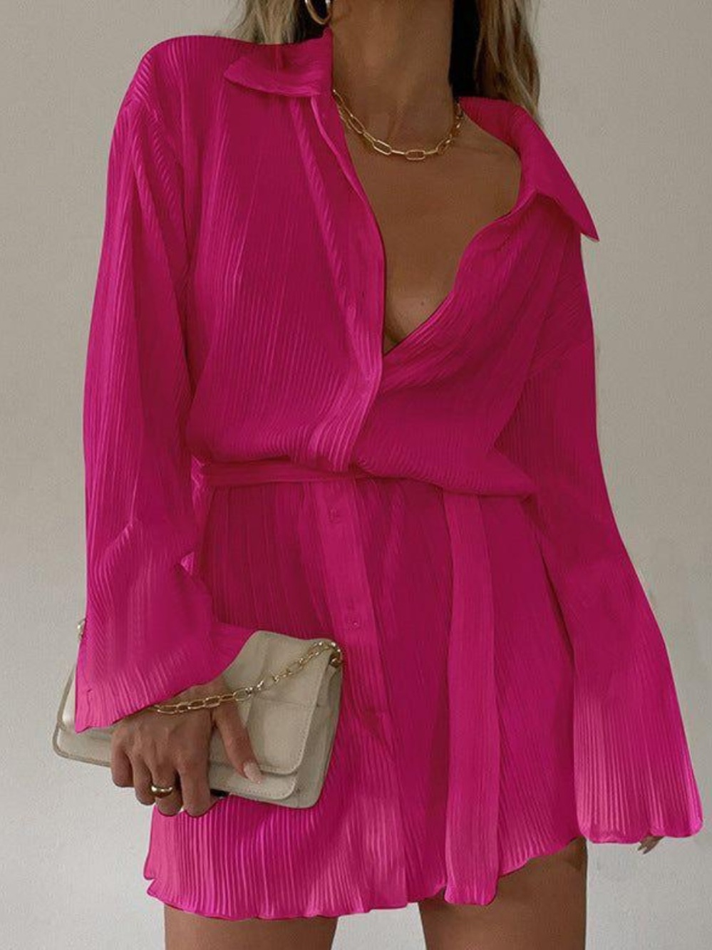 Hot Pink Pleated Wrap Dress with Belt (Small)